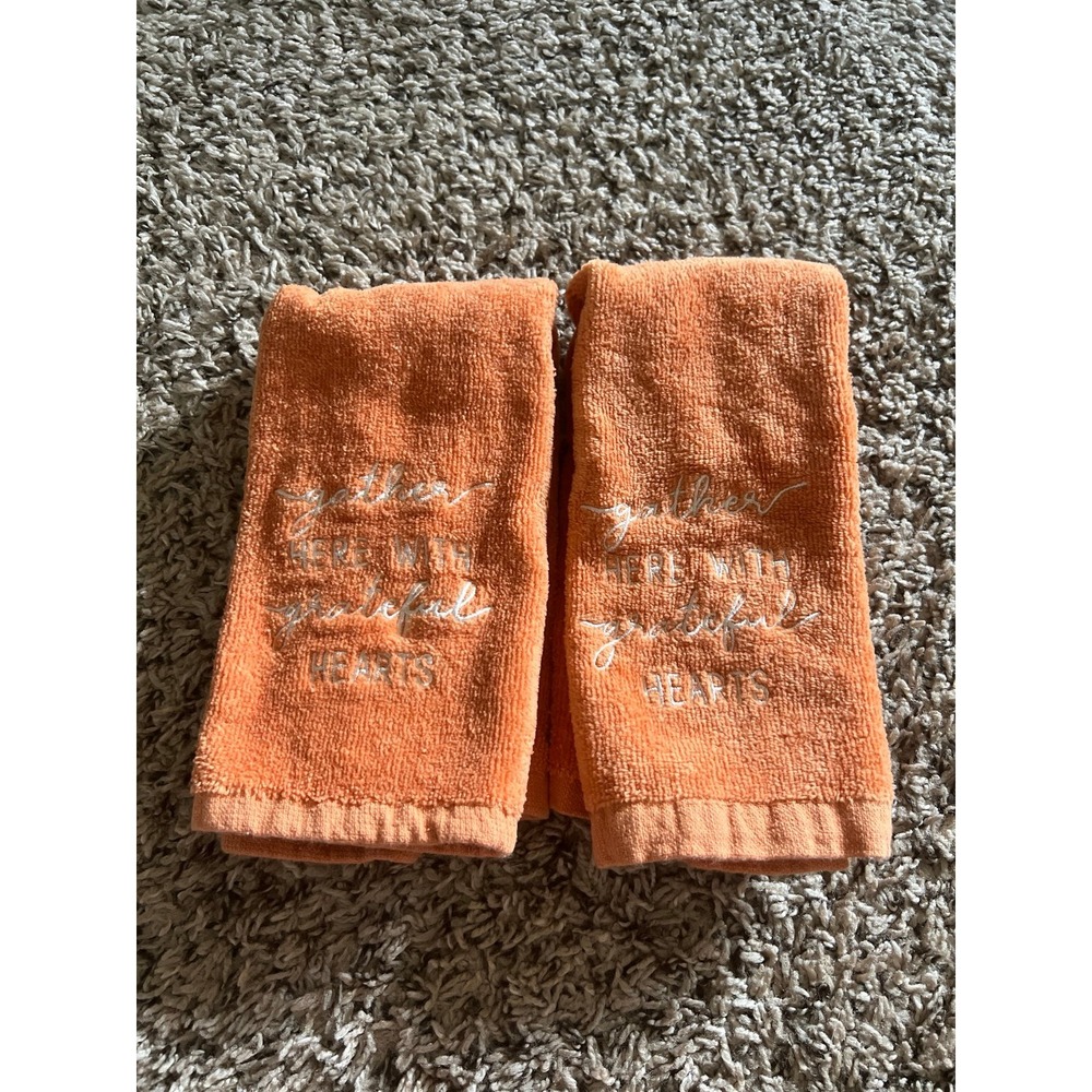 Orange Cotton Hand Towels "Gather Here With Grateful Hearts" 11"x17" set of 2